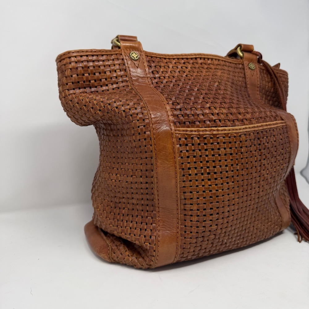 Patricia Nash Woven Leather Tassel Tote Hobo Bag Brown Boho Women Large